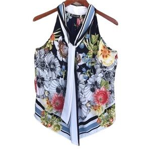 7th Avenue Design Studio New York & Co Floral Tie-Neck Sleeveless Blouse